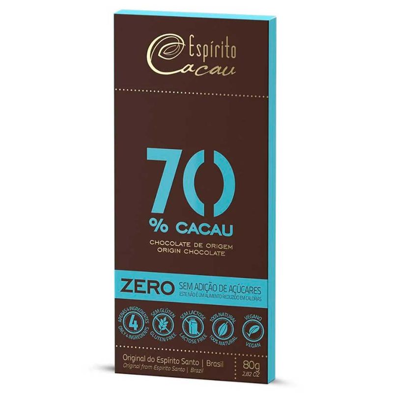 Tablete de Chocolate Amargo 70% Cacau Vegano Zero 80g - Espírito Cacau