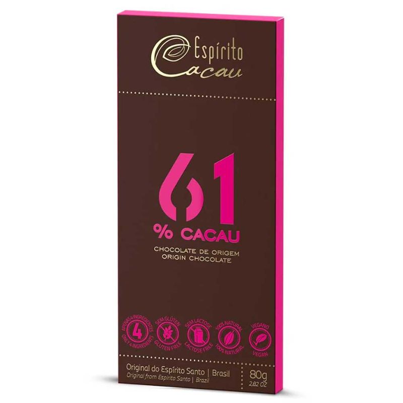 Tablete de Chocolate Amargo 61% Cacau Vegano 80g - Espírito Cacau