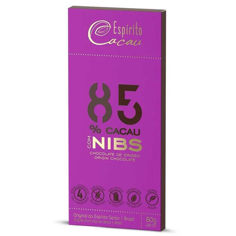Tablete de Chocolate Amargo 85% Cacau Nibs Vegano 80g - Espírito Cacau