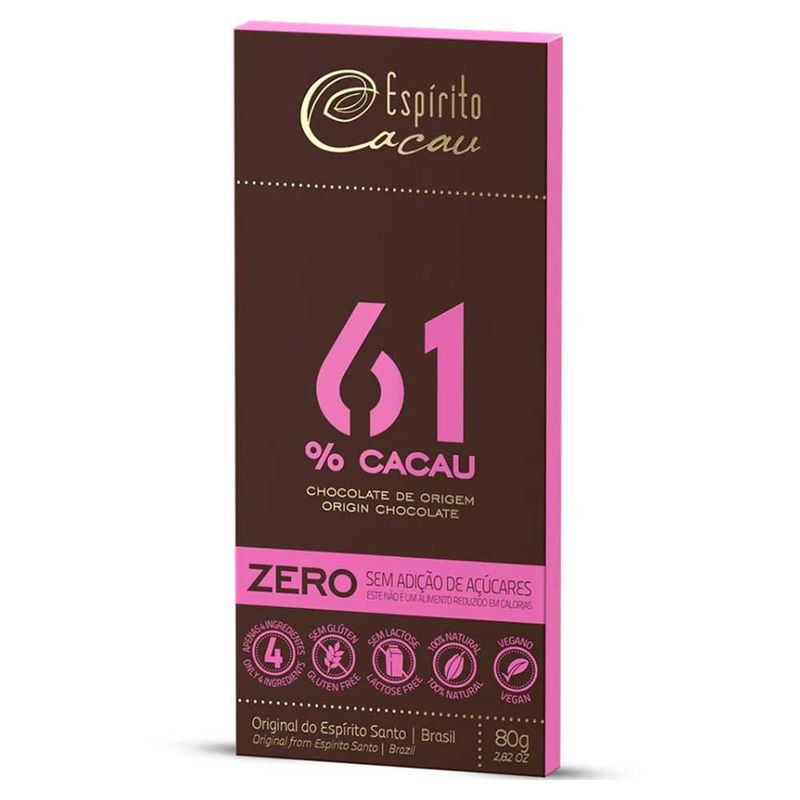 Tablete de Chocolate Amargo 61% Cacau Vegano Zero 80g - Espírito Cacau
