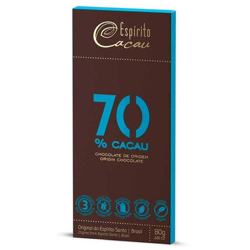 Tablete de Chocolate Amargo 70% Cacau Vegano 80g - Espírito Cacau