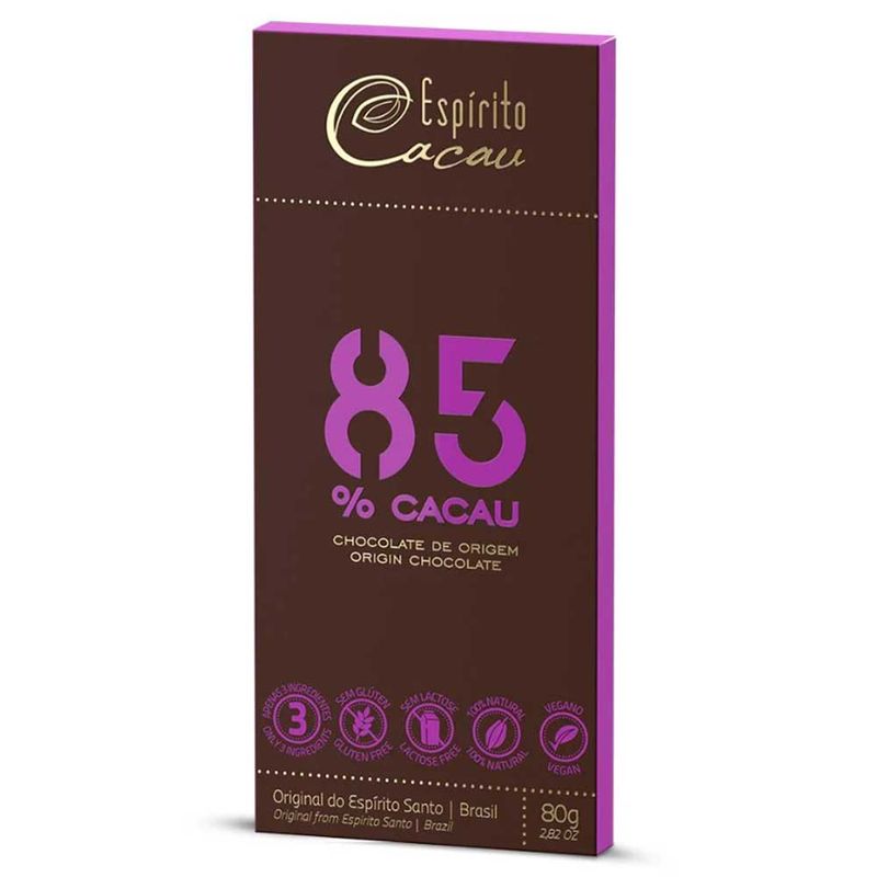 Tablete de Chocolate Amargo 85% Cacau Vegano 80g - Espírito Cacau