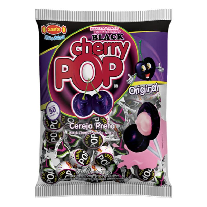 Pirulito Cherry Pop Black Recheio Chiclete c/50 - Sams