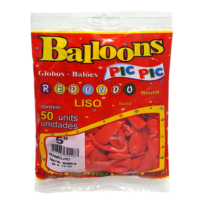 Balão Redondo Vermelho Tamanho 5 c/50 - Pic Pic