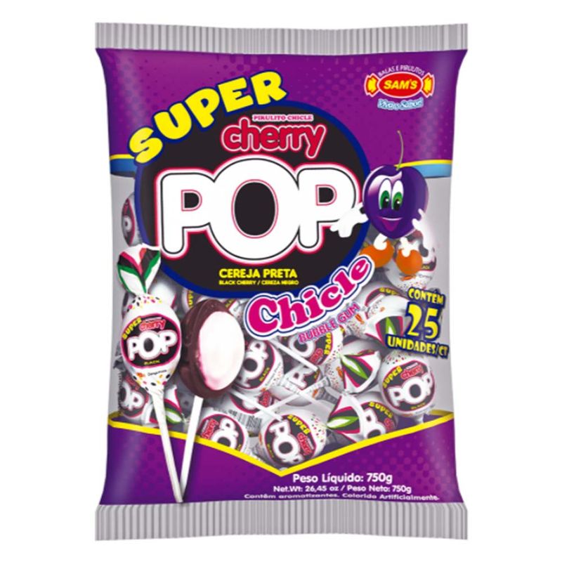 Pirulito Super Cherry Pop Black Recheio Chiclete c/25 - Sams