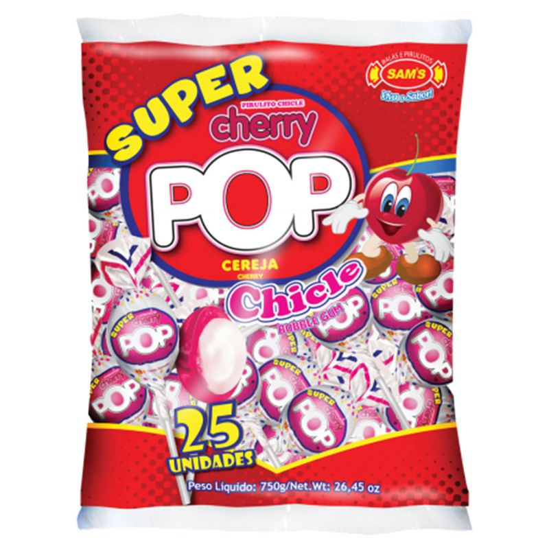 Pirulito Super Cherry Pop Cereja Recheio Chiclete c/25 - Sams