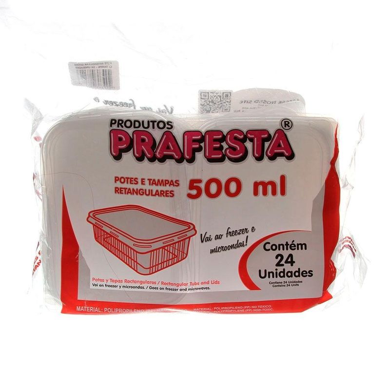 Pote Plástico Retangular Transparente Freezer/Microondas 500ml c/24 - Prafesta