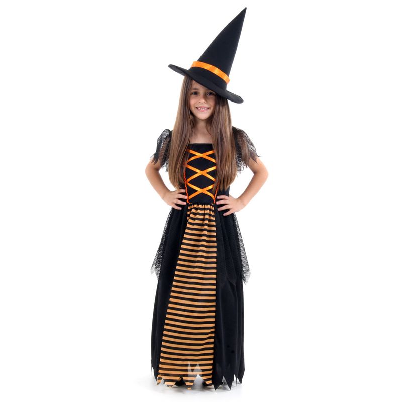 Fantasia Bruxa Laranja Vestido Longo Infantil com Chapéu - Halloween P