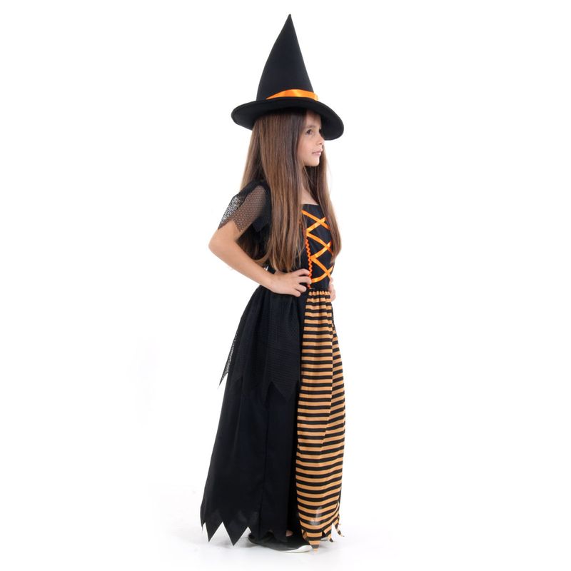 Fantasia Bruxa Laranja Vestido Longo Infantil com Chapéu - Halloween P