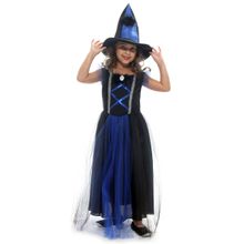 Fantasia Bruxa Azul Luxo Vestido Longo Infantil com Chapéu - Halloween