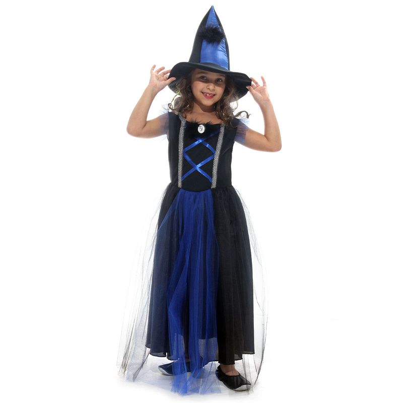 Fantasia Bruxa Azul Luxo Vestido Longo Infantil com Chapéu - Halloween P