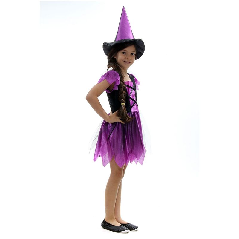 Fantasia Bruxa Encantada Roxa Basic Vestido Infantil com Chapéu - Halloween G