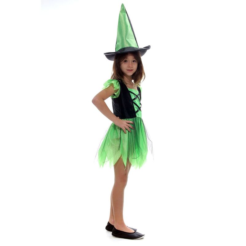 Fantasia Bruxa Encantada Verde Basic Vestido Infantil com Chapéu - Halloween P