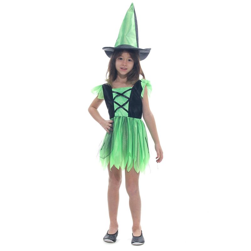 Fantasia Bruxa Encantada Verde Basic Vestido Infantil com Chapéu - Halloween P