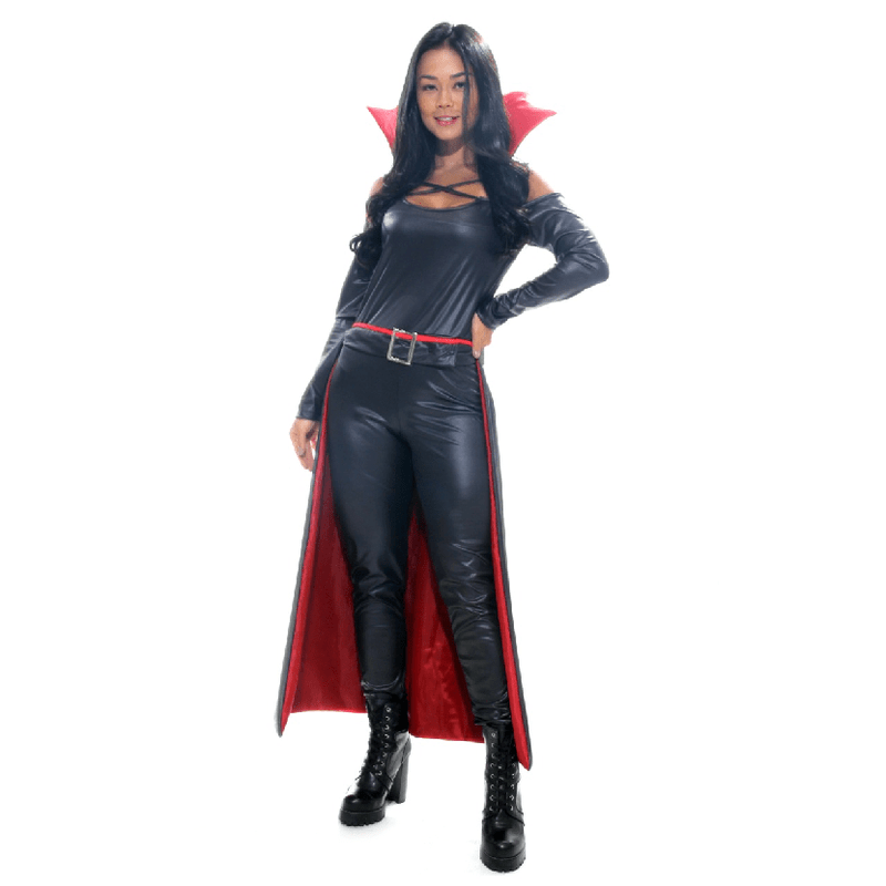 Fantasia Vampira Macacão Adulto com Gola e Capa - Halloween PP