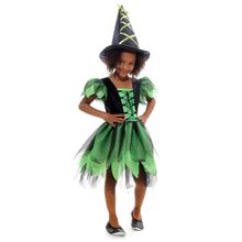 Fantasia Bruxa Encantada Verde Luxo Vestido Infantil com Chapéu - Halloween