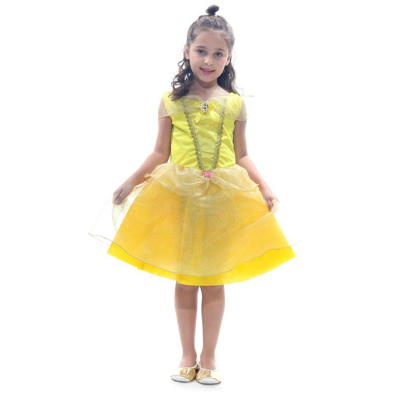 Fantasia Princesa Amarela Dourada Vestido Infantil com Tiara G