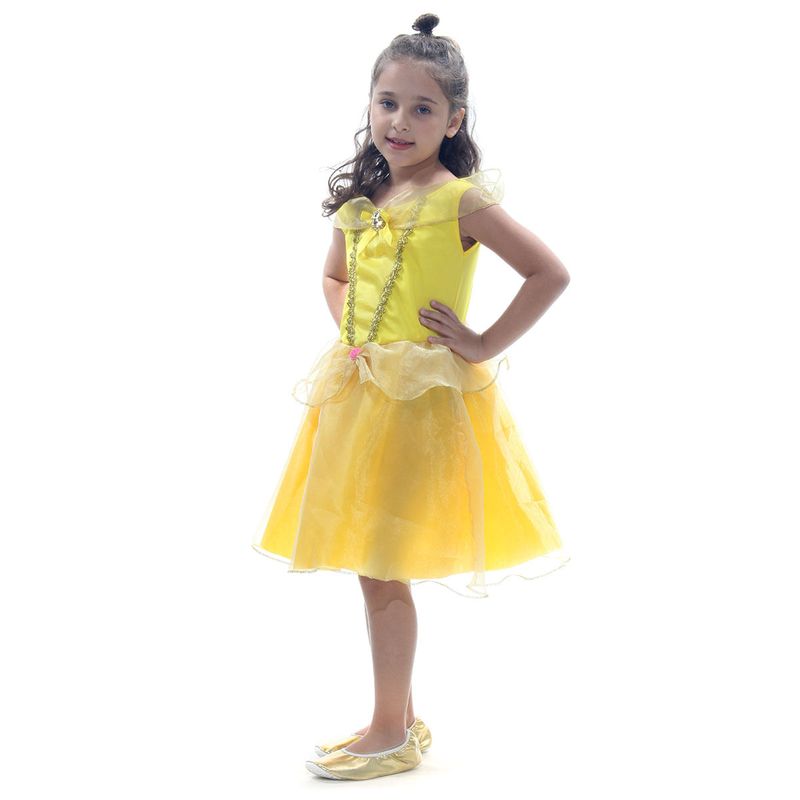 Fantasia Princesa Amarela Dourada Vestido Infantil com Tiara G