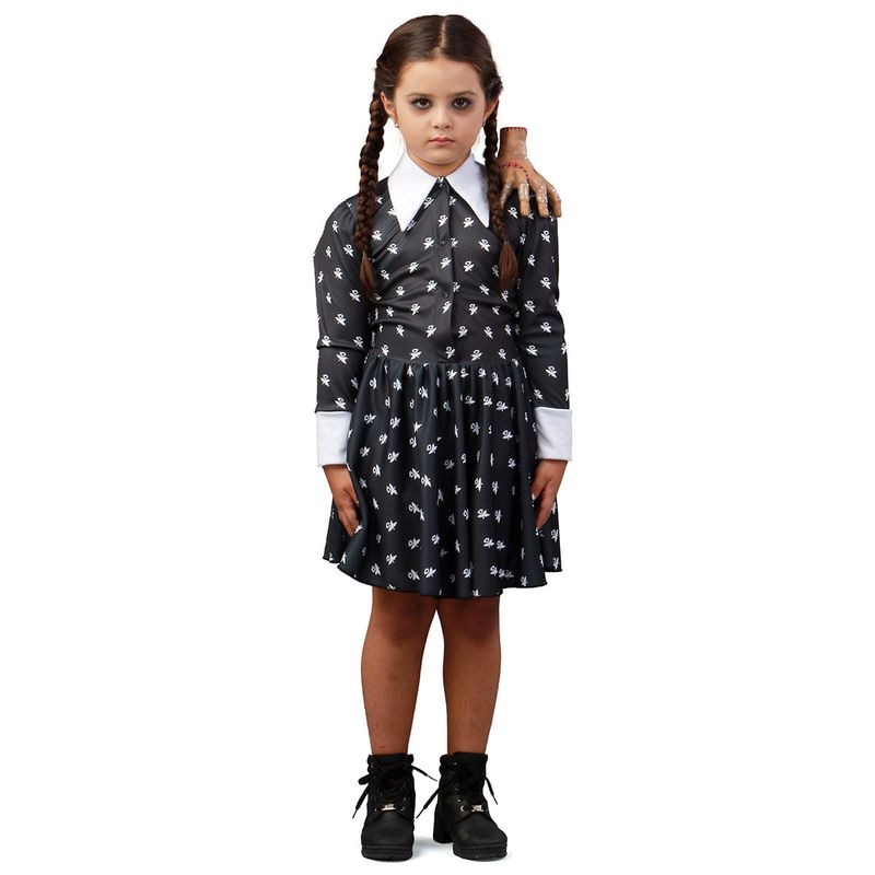 Fantasia Vandinha Vestido Estampado Infantil - Familia Addams - Halloween G