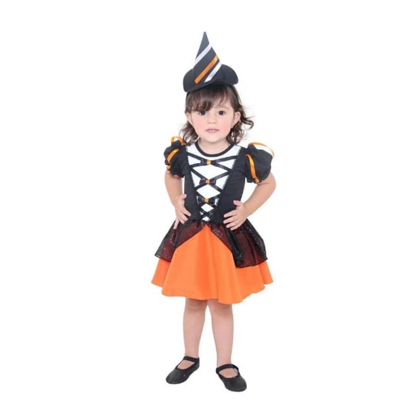 Fantasia Menina Infantil Festa Halloween Bruxa Laranja Tule