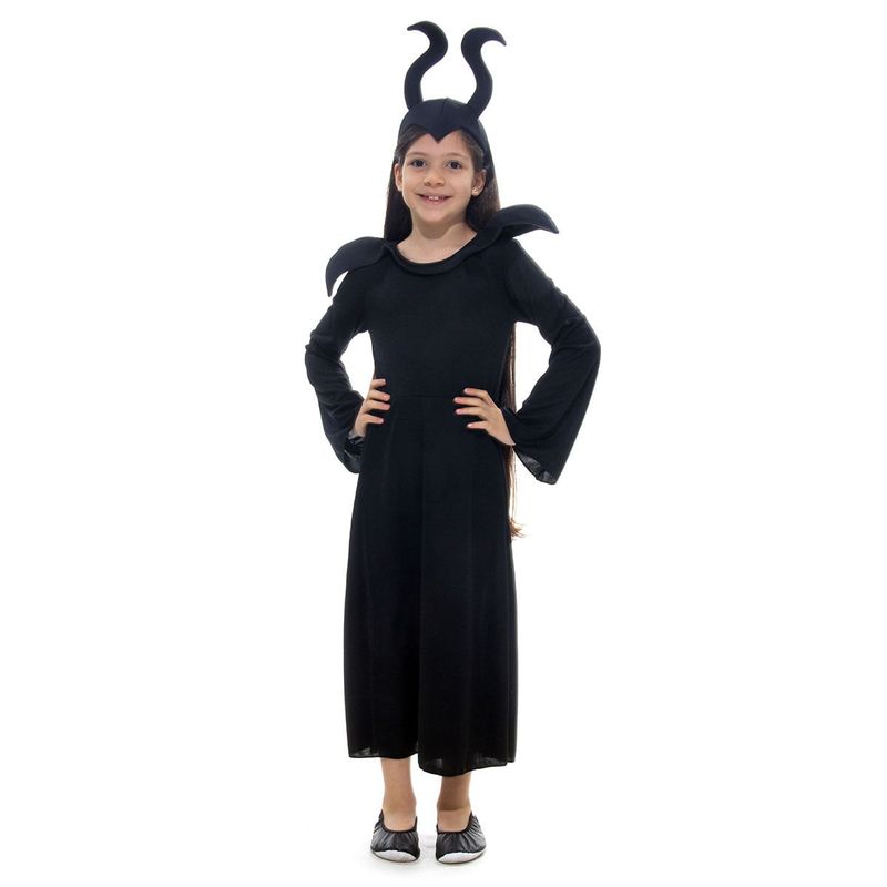 Fantasia Rainha do Mal Malévola Vestido Infantil com Tiara - Halloween G