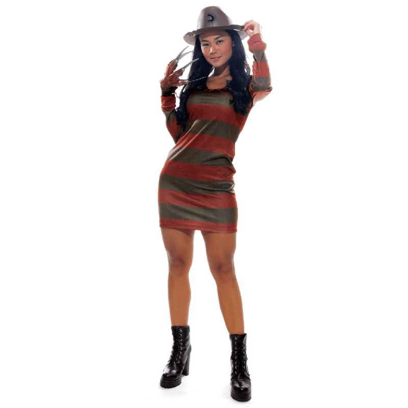 Fantasia Freddy Krueger Feminina Vestido Adulto com Chapéu - Halloween P