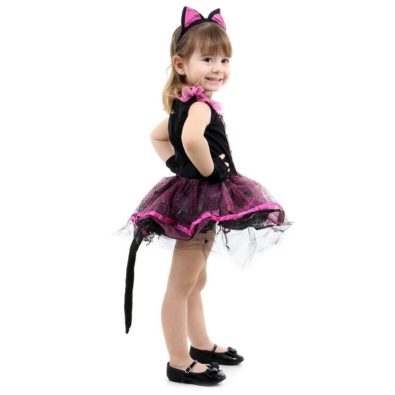 Fantasia Bruxa Gatinha Rosa Vestido Infantil com Tiara - Halloween M