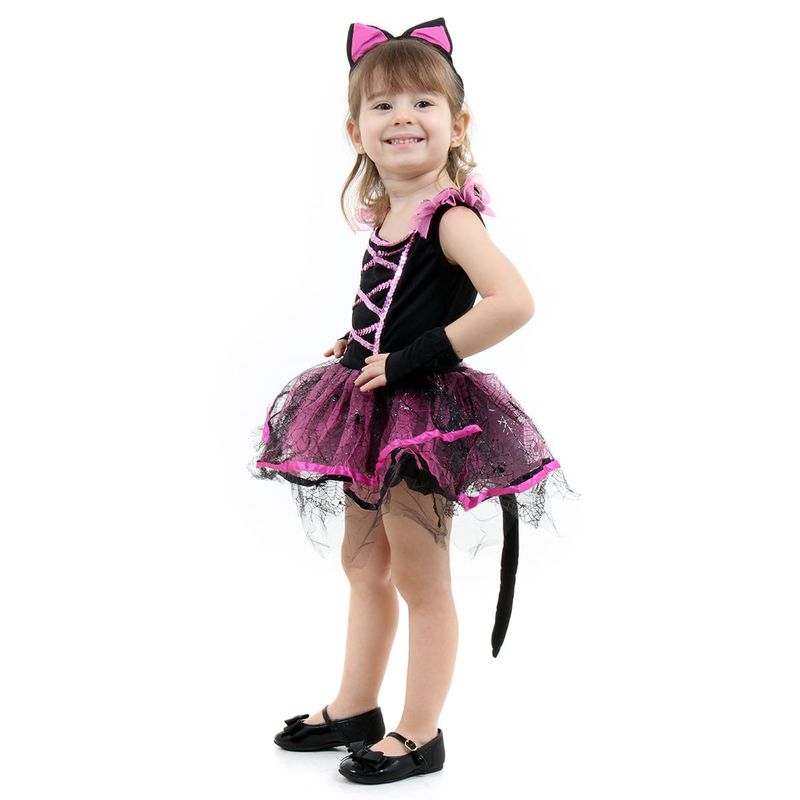 Fantasia Bruxa Gatinha Rosa Vestido Infantil com Tiara - Halloween M