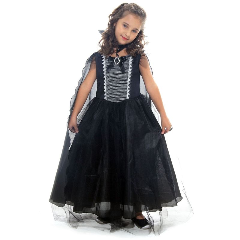 Fantasia Vampira Prata Vestido Infantil com Capa - Halloween  G