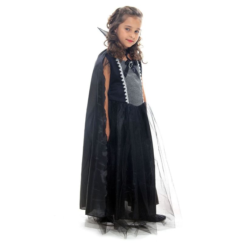 Fantasia Vampira Prata Vestido Infantil com Capa - Halloween  G