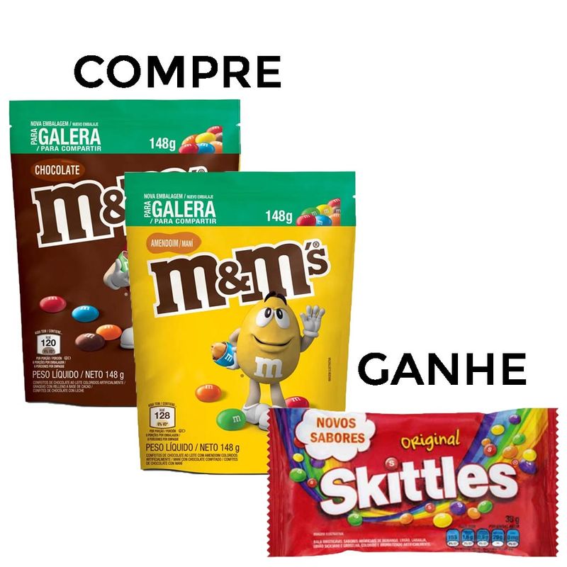 Kit com 2 M&Ms 1 Chocolate 148g + 1 Amendoim 148g + Brinde Skittles