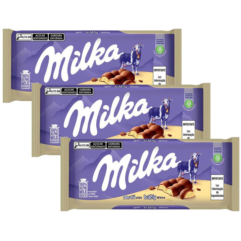 Kit 3 Tablete de Chocolate Aerado Bubbly Branco 95g - Milka