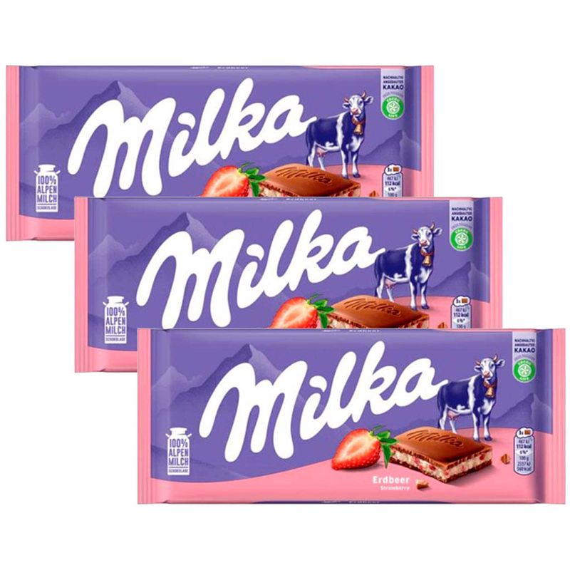 Kit 3 Tablete de Chocolate Recheio Morango 100g - Milka