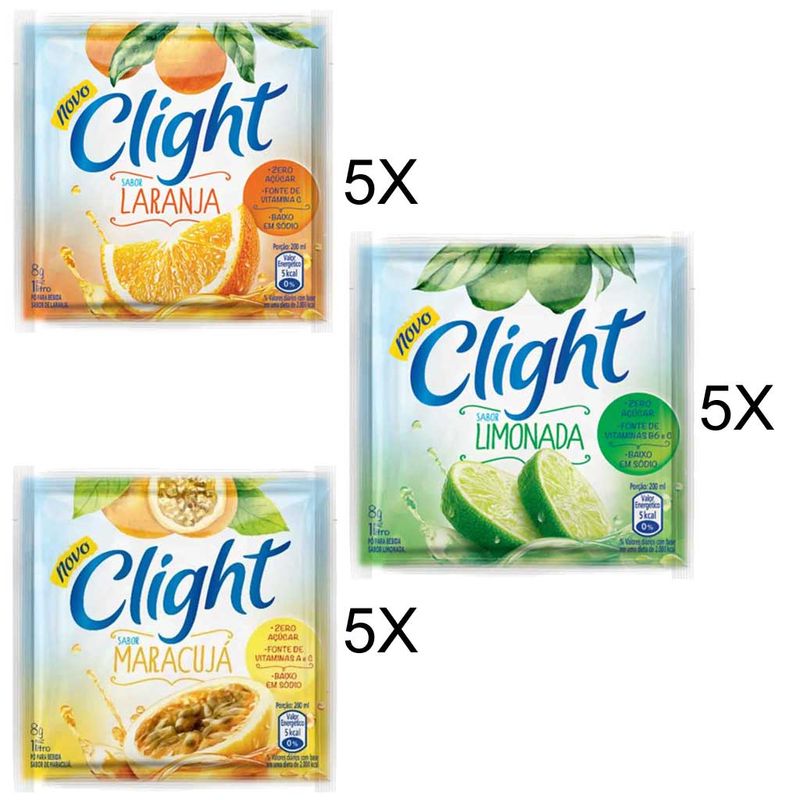 Kit Suco em Pó com 5un Laranja+5un Limonada+5un Maracujá 8g - Clight