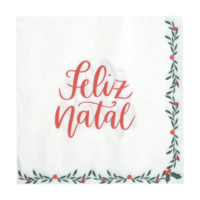 Guardanapo Papel Feliz Natal Branco Vermelho Verde 33cm - 1 Un