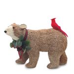 Urso  Decorativo com Pássaro  Marrom Vermelho  Verde  40cm   - 1 Un