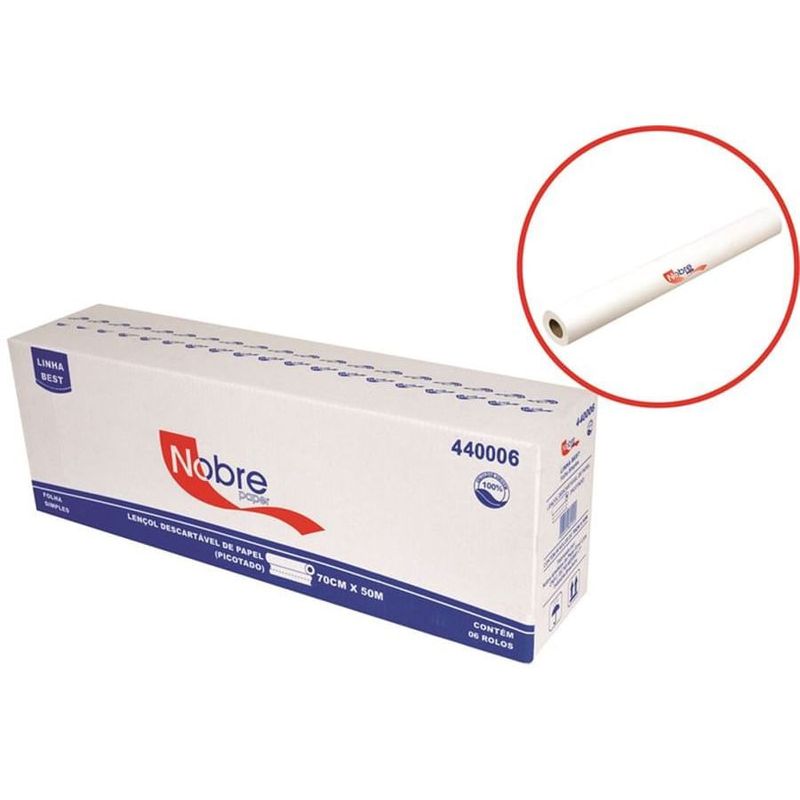 Lençol Hospitalar Nobre 100% Celulose Branco 70cm x 50m Rolo com 6 Unidades.