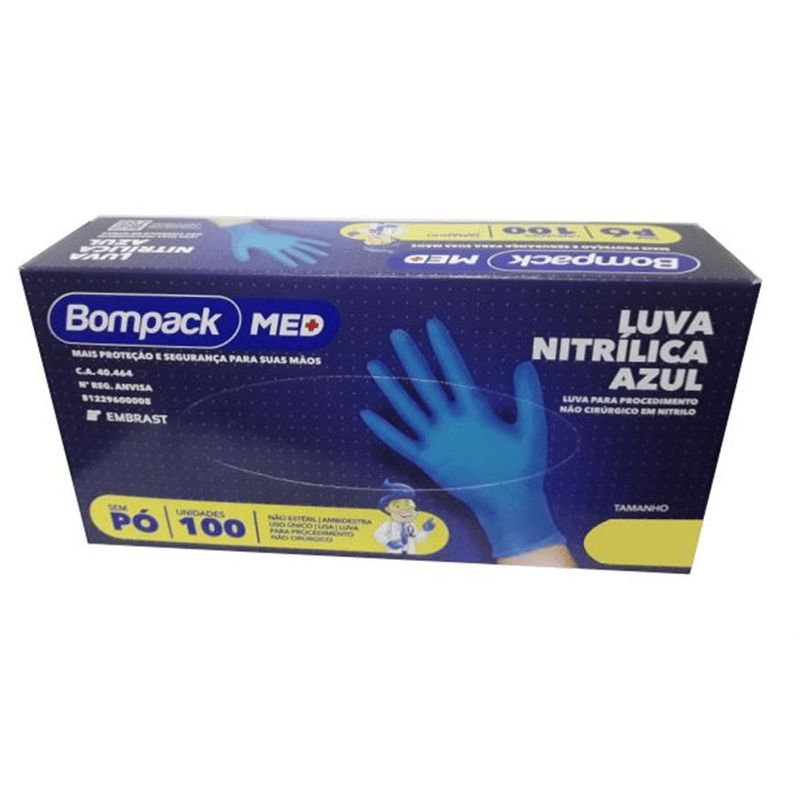 Bompack - Luva Nitrílica Azul Média PP com 100