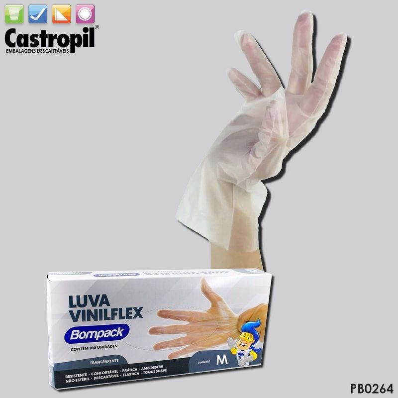 Bompack Luva Vinilflex sem Pó Transparente Médio com 100