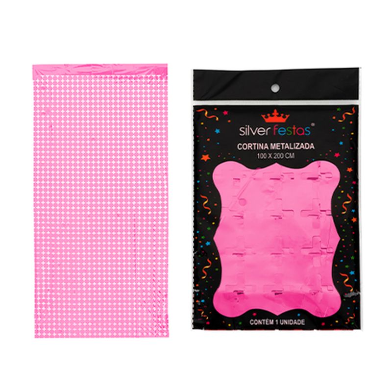 Cortina Quadriculada Metalizada Rosa Bebe