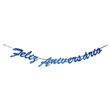 Faixa Feliz Aniversario Azul com Glitter