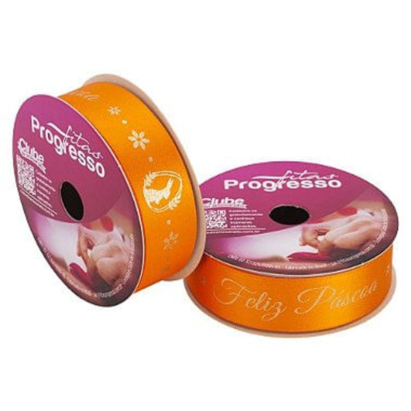 Fita de Cetim  22mm x 10m - Feliz Páscoa - Laranja ECF005H Cor 902 - 1 unidade - Fitas Progresso