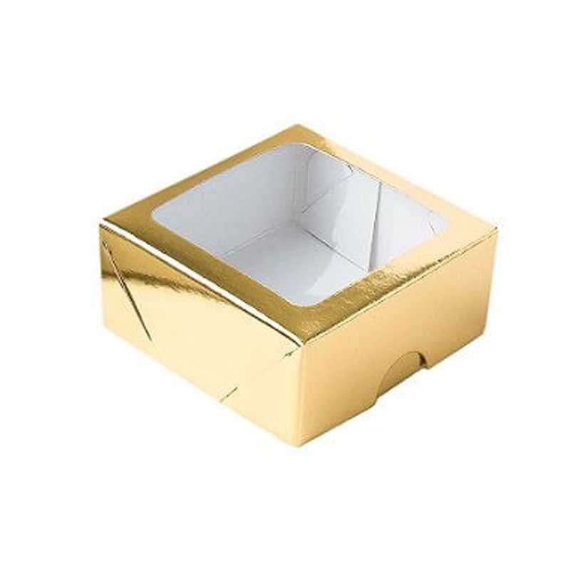 Caixa de Papel com Visor S16 (7cm x 7cm x 3cm) Dourada 10 unidades Assk  Confeitaria