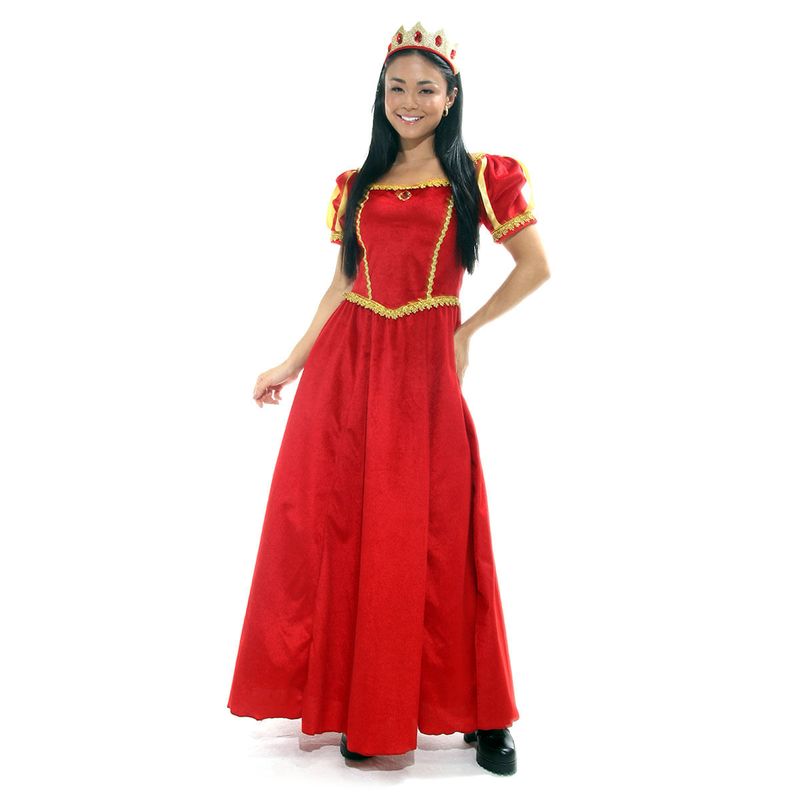 Fantasia de Rainha Vestido Adulto de Veludo Vermelho e Coroa
 M