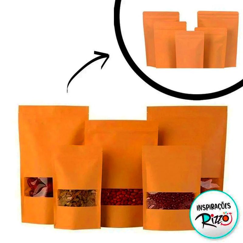 Saco de Papel Kraft com Visor Stand Up Pouch Zip 15x22cm - 50 un - Hermético Fosco p Fora Impermeável p dentro - Magazine 25