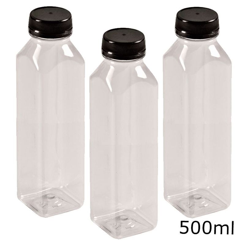 Garrafa Pet Quadrada com Tampa Preta Lacre para Chocolate Cremoso - 500ml - 3 unidades - Magazine 25