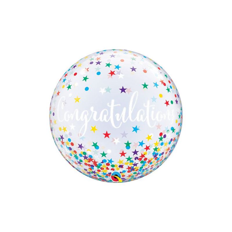 Balão de Festa Bubble 22" 56cm - Congratulations (Parabéns) Confete e Estrelas - 1 unidade - Qualatex Outlet - Rizzo